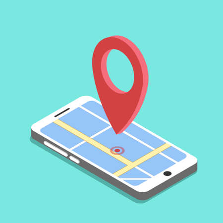 Smartphone with map and red pinpoint on screen, vector illustrationのイラスト素材