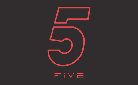 Number five  illustration. Red number 5 isolated on black background.