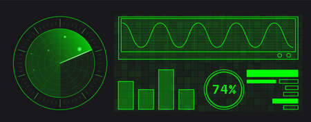 Abstract green radar with targets in action. Military search system. Infographic elements. Mobile device designのイラスト素材