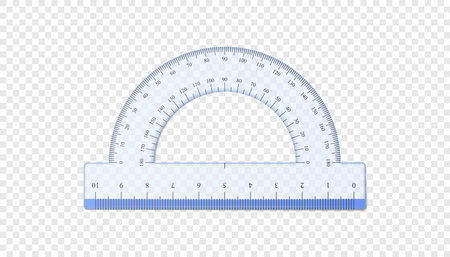 Realistic protractor. Half circle cm plastic transparent protractor mockup. Vector illustration...
