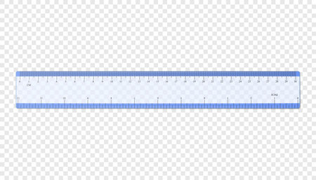 Realistic ruler. Centimeters and inches transparent blue plastic ruler mockup. Vector illustration isolated on transparent backgroundのイラスト素材