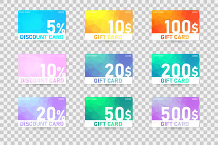 Gift card template with polygonal abstract elements. Set of nine discount cards for shop and store. Vector design with colorful card mockup isolated on transparent backgroundのイラスト素材