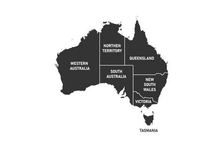 Australia map divided by regions and territories. Black mapof Australian continent and Tasmania island. Vector illustration isolated on white backgrounのイラスト素材