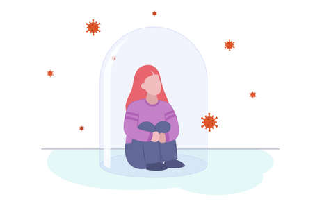 Woman sitting under a glass dome. Concept of self-isolation and protection against virus disease. Quarantine and social distancing. Vector flat style illustration isolated on white backgroundのイラスト素材