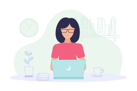 Working at home. Coworking space concept illustration. Woman freelancer working on laptop at home. Remote worker concept. Vector flat style illustration isolated on white backgroundのイラスト素材