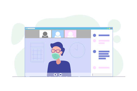 Quarantine concept. Man in medical mask join a video conference with his coworkers. Person works on quarantine at home to avoid disease. Vector illustration isolated on white backgroundのイラスト素材