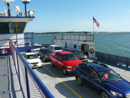 FORT GAINES, ALABAMA-OCTOBER 19, 2016: The Mobile Bay Ferry crosses the mouth of Mobile Bay, Alabama, and links Dauphin Island with Fort Morgan along the Gulf of Mexico coastline. Alabama, and links Dauphin Island with Fort Morgan along the Gulf of Mexicoのeditorial素材