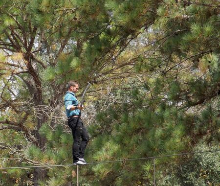 WILLISTON, FLORIDA-SEPTEMBER 21, 2019: Blake Wallenda set a world record on Elephant Appreciation Day at Two Tails Ranch by walking over the most elephants at the same time.のeditorial素材