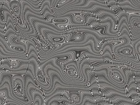 Abstract background of black, white, and gray random swirls, circles, and lines. A zigzag effect and illusion of webbing or netting provide texture and movement.の写真素材