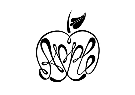 Apple with a leaf, inside the inscription is an apple. Lettering in vector format. Vector image,  symbol, handwritten text, calligraphy for advertisingのイラスト素材