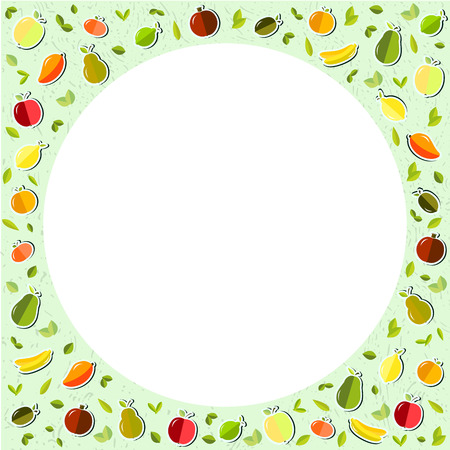 Stock Vector Graphics World Health Day fruit, apple, banana, pear, mandarin orange, avocado, pomegranate, kiwi, mango, green apple, red apple, lemon, lime. Composition, vector illustration in the form of a circle to place your textのイラスト素材