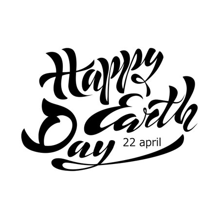 Beautiful handwritten text, calligraphy, lettering Happy Earth Day on April 22 on a textured background with objects. Vector illustration for greeting card, poster, logo, banner. Color, black. EPS10.のイラスト素材