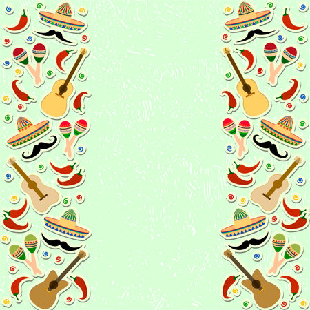 Beautiful textured background for the holiday cinco de mayo on May 5, for a banner, postcards, menu. Mexico, musical instruments, maracas, hats, sombrero, guitar, chili, mustache, colorful. vector Place for your text.のイラスト素材