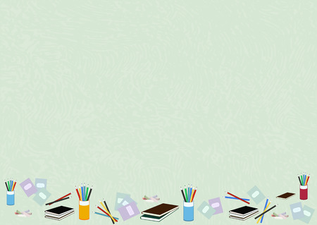 Beautiful vector background for a holiday teacher's day postcard, poster, banner, packaging. Training materials, with elements of a notebook, pencil, chalk, stationery.のイラスト素材