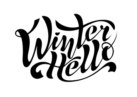 Beautiful handwritten inscription Hello Winter calligraphy on a textured background for postcards, decorations, toys, prints on clothes or souvenirs. Vector Isolatedのイラスト素材