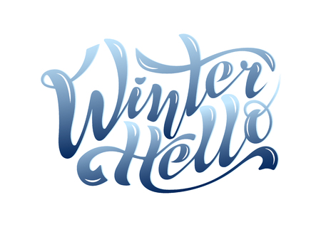 Beautiful handwritten inscription Hello Winter calligraphy on a textured background for postcards, decorations, toys, prints on clothes or souvenirs. Vector Isolatedのイラスト素材