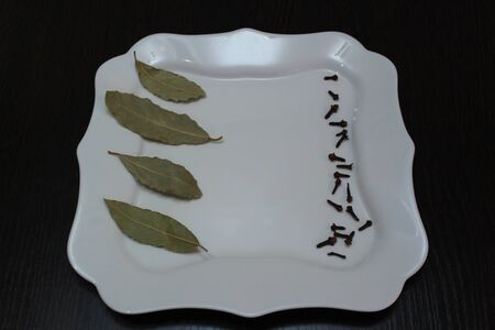 White plate with spices on a dark tableの写真素材