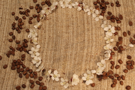 Texture of burlap with scattered white flowers and coffee beansの写真素材