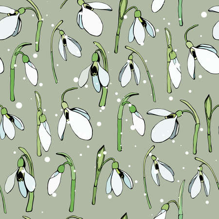 Seamless pattern of hand drawn white snowdrops flowers.のイラスト素材