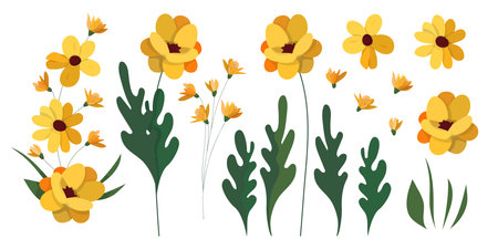 Set of elements for design in the form of isolated elements. Yellow and orange flowers, green leaves and inflorescences. Peonies, carnations, roses, daisies, chrysanthemums, hollyhocks.のイラスト素材