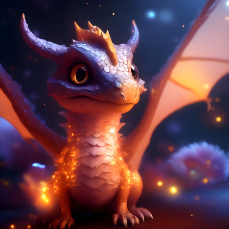 a cute mauve dragon with large wings in a lilac haze glows gold in the fire. Fantastic monsters. symbol of the yearの素材
