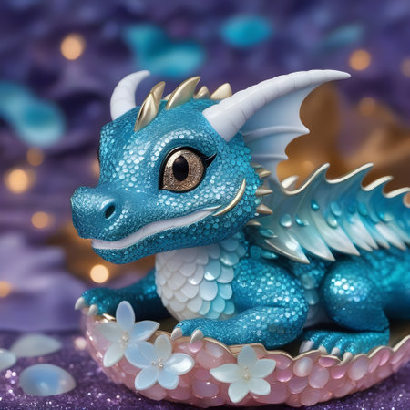 cute white and blue dragon with golden eyes on a pink stand with flowers surrounded by precious stones. Fantasy monsters, marble figureの素材
