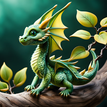 a bright green dragon sits on a branch with leaves on a dark green backgroundの素材