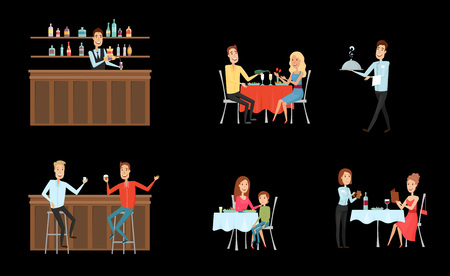 Set of people in restaurant and at the bar. Flat and cartoon style. Different background. Vector illustration.のイラスト素材