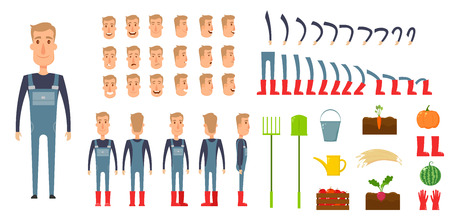 Farmer character creation set. Icons with different types of faces, emotions, clothes. Front, side, back view male person. Moving arms, legs. Chair. Board. Flat and cartoon style. Vector illustration.のイラスト素材