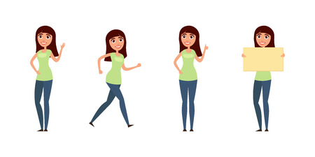 Set of woman, girl in casual clothes in different poses. A character for your design project. Vector illustration in flat and cartoon styleのイラスト素材