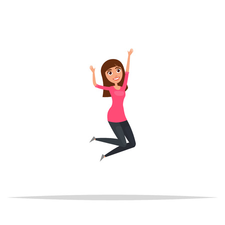 Happy girl jumping. White background. The concept of friendship, healthy lifestyle, success. Vector illustration in a flat and cartoon style.のイラスト素材
