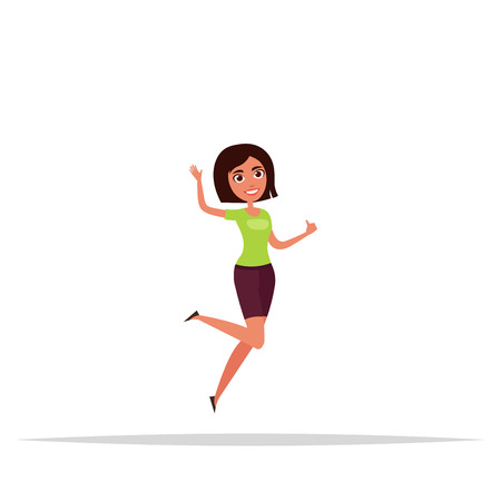 Happy girl jumping. White background. The concept of friendship, healthy lifestyle, success. Vector illustration in a flat and cartoon style.のイラスト素材