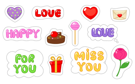 Set of love sticker. Flat and cartoon style. Vector illustration on white backgroundのイラスト素材