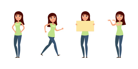 Set of woman, girl in casual clothes in different poses. A character for your design project. Vector illustration in flat and cartoon style.White backgroundのイラスト素材