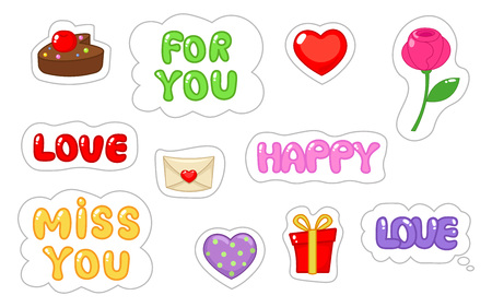 Set of love sticker. Flat and cartoon style. Vector illustration on white backgroundのイラスト素材