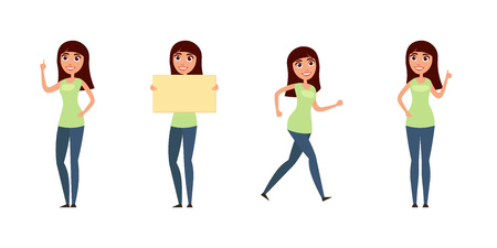 Set of woman, girl in casual clothes in different poses. A character for your design project. Vector illustration in flat and cartoon style.White backgroundのイラスト素材