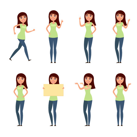 Set of woman, girl in casual clothes in different poses. A character for your design project. Vector illustration in flat and cartoon style.White backgroundのイラスト素材