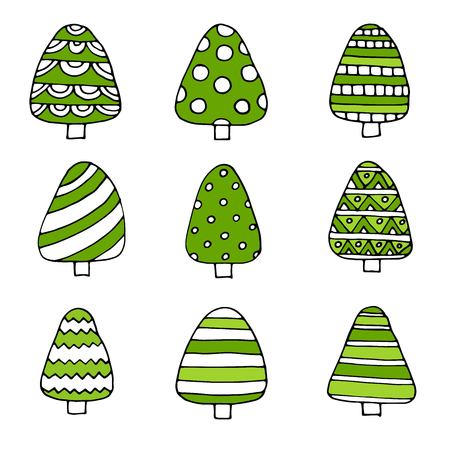 Hand drawn set of Christmas trees. Holidays background. Abstract doodle drawing woods. Vector art illustrationのイラスト素材