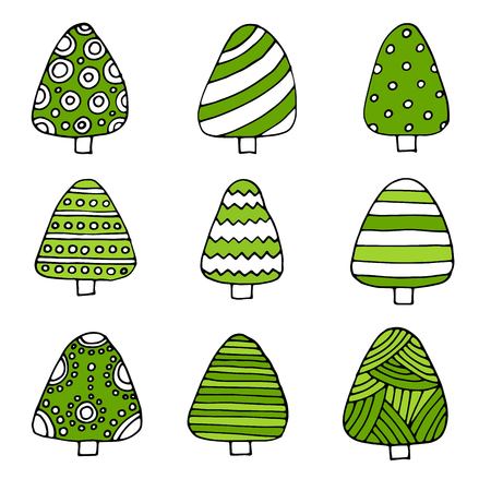 Hand drawn set of Christmas trees. Holidays background. Abstract doodle drawing woods illustration.のイラスト素材