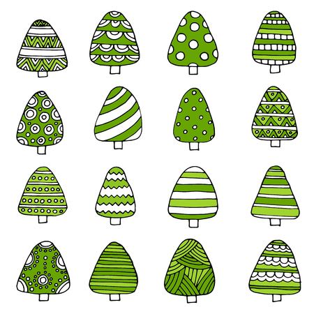 Hand drawn set of Christmas trees. Holidays background. Abstract doodle drawing woods. Vector art illustrationのイラスト素材
