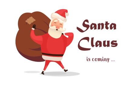 Christmas card. Funny cartoon Santa Claus with huge red bag with presents. Hand drawn text - Santa Claus is coming to town. Red Santa hat. For Christmas and New Year posters, gift tags and labelsのイラスト素材