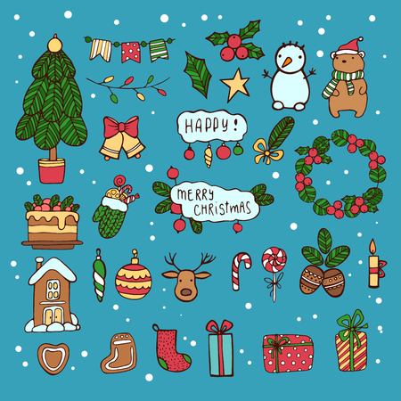Christmas design elements, vector. Quality flat design Xmas decorative items featuring Santa s sleigh, gifts, gingerbread man, deer, holly tree leaves, snowman, wreath, garland, mistletoe, etc.の写真素材