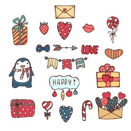 Pack of love stickers with hearts. Hand drawn hearts and words in doodle style. Love concept. Freehand drawing. Valentines day decoration elements.の写真素材