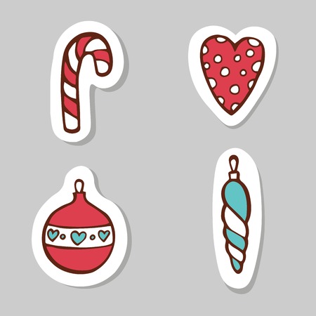 Set of candy, heart, fir tree toys. Sticker set for your web design. Xmas holiday. Happy New Yearの写真素材