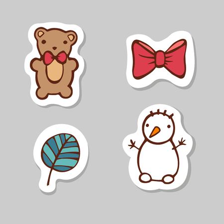 Set of bear, ribbon,leaf, snow man. Sticker set for your web design. Xmas holiday. Happy New Yearの写真素材