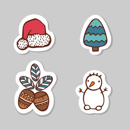 Set of santa cap, snow man, fir tree and nuts. Sticker set for your web design. Xmas holiday. Happy New Yearの写真素材