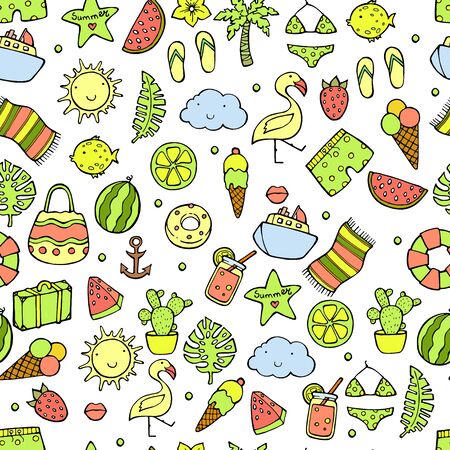 Summer pattern. Watermelon, pineapple and holiday elements. Summertime Vector illustration. White backgroundの写真素材