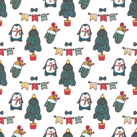 Christmas tree vector seamless pattern xmas gift design. Cute penguin. Vector illustration for your web designのイラスト素材