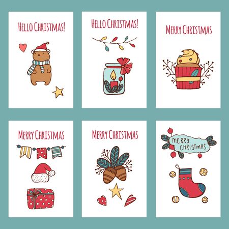 Vector Merry Christmas greeting cards and invitations isolated on background. Big set with cute xmas tree, Santa, gift and garland hand drawn designs. Vector elements for Xmas designの写真素材