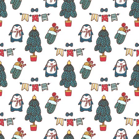 Christmas tree vector seamless pattern xmas gift design. Cute penguin. Vector illustration for your web designの写真素材
